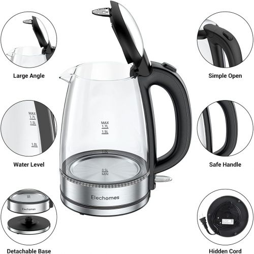  [아마존베스트]Elechomes 1.7L Electric Kettle, Cordless Portable Glass Tea Kettle(BPA Free), Water Heater for Coffee Tea HotCocoa, Auto Shut-Off and Boil Dry Protection, Stainless Steel Bottom