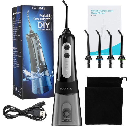  [아마존 핫딜] ElectriBrite Water Flosser Cordless - Portable Water Pick Teeth Cleaner for Braces [2019] Upgrade 4 Mode & DIY Customize Mode, IPX7 Waterproof Rechargeable Oral Irrigator with 300ML Tank, 4 Jet