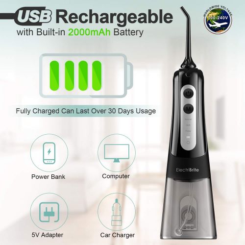  [아마존 핫딜] ElectriBrite Water Flosser Cordless - Portable Water Pick Teeth Cleaner for Braces [2019] Upgrade 4 Mode & DIY Customize Mode, IPX7 Waterproof Rechargeable Oral Irrigator with 300ML Tank, 4 Jet