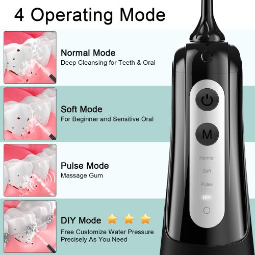  [아마존 핫딜] ElectriBrite Water Flosser Cordless - Portable Water Pick Teeth Cleaner for Braces [2019] Upgrade 4 Mode & DIY Customize Mode, IPX7 Waterproof Rechargeable Oral Irrigator with 300ML Tank, 4 Jet