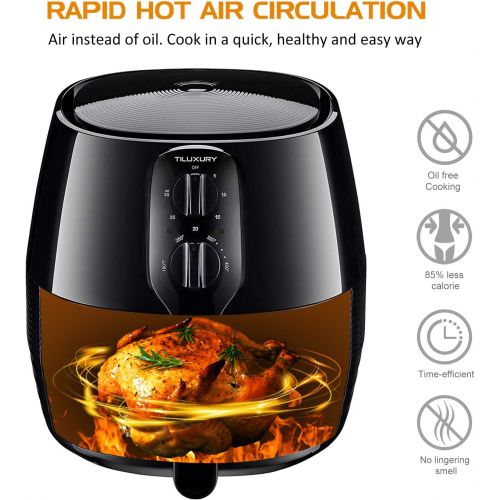  US PIEDLE Air Fryer 5.8QT 1400W Electric Large Deep Fryer Oil-free Knob Healthy Cooker With Detachable Basket Dishwasher Safe Auto Shut Off Temperature Memory W Recipes CookBook, BBQ Rack a