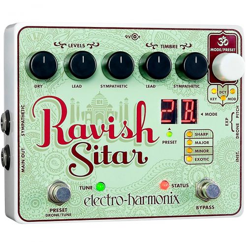  Electro-Harmonix},description:The Electro-Harmonix Ravish Sitar Synthesizer Guitar Effects Pedal has polyphonic lead voice and tunable sympathetic string drones that react to your