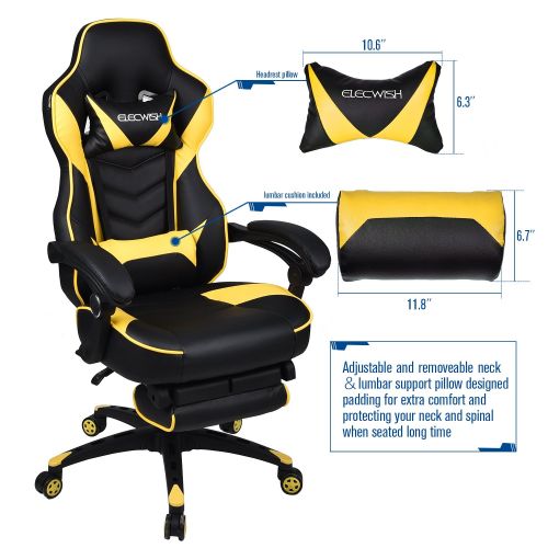  Elecwish Ergonomic Computer Gaming Chair, Large Size PU Leather High Back Office Racing Chairs with Widen Thicken Seat and Retractable Footrest and Lumbar Support (Yellow)