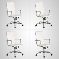 Elecwish,Executive Office Chair, High Back Ribbed PU leather Wheels Chair, Tilt Adjustable Seat, Chrome Base Home Furniture, Conference Room Reception (4 PCS White)