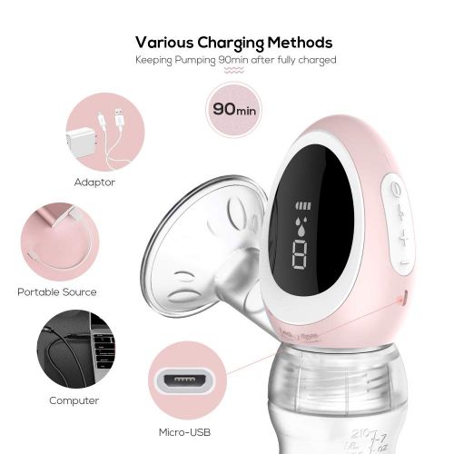  Electric Breast Pump, Elefmom Portable Breast Pump with USB Rechargeable Battery, Milk Pump with Led Display, Quiet,Travel Friendly, Pink