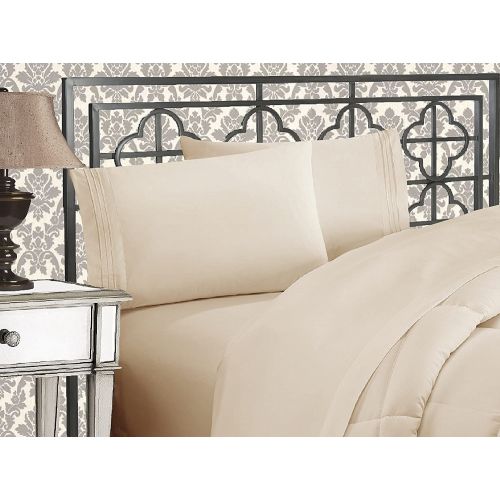  Elegance Linen 1800 Series 4-Piece Solid Egyptian Quality Bed Sheets with with Deep Pockets Up to 16, Queen, Beige