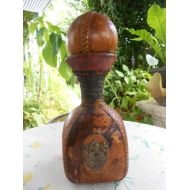 EleganceuniqueShop RARE vintage Original M A Leather covered green glass wine Decanter/Made in Italy/the same court of arm on four sides.