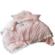 Elegant SUSYBAO 3 Pieces Ruffle Duvet Cover Set 100% Natural Washed Cotton King Size Pink white Stripe Rural Romantic Sweet Girls Bedding with Zipper Ties 1 Duvet Cover 2 Pillow Shams Luxu