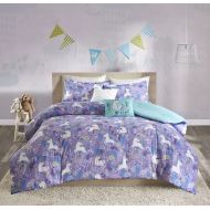 Elegant 5 Piece Unicorn All Over Printed Pattern Comforter Set Full/Queen Size, Featuring Pony Flower Lead Cloud Design Comfortable Bedding, Casual Novelty Girls Kids Bedroom Decoration, P