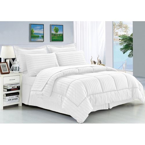  Elegant Comfort Wrinkle Resistant - Silky Soft Dobby Stripe Bed-in-a-Bag 8-Piece Comforter Set --HypoAllergenic - FullQueen, White