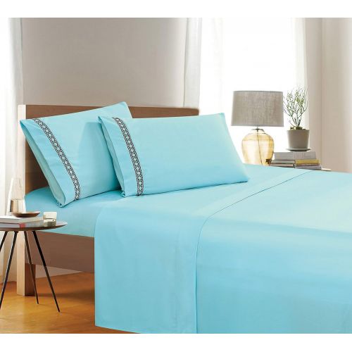  Elegant Comfort Cane Embroidered Collection 4-Piece Bed Sheet & Pillowcase Set, Soft Double Brushed Microfiber 100% Hypoallergenic, Wrinkle and Fade Resistant, Queen, Aqua