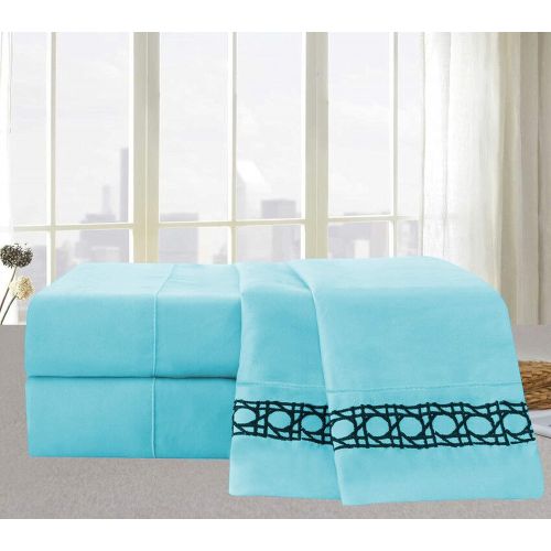  Elegant Comfort Cane Embroidered Collection 4-Piece Bed Sheet & Pillowcase Set, Soft Double Brushed Microfiber 100% Hypoallergenic, Wrinkle and Fade Resistant, Queen, Aqua