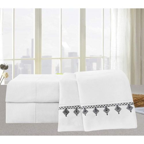  Elegant Comfort Evil-Eye Embroidered Collection 4-Piece Bed Sheet & Pillowcase Set, Soft Double Brushed Microfiber 100% Hypoallergenic, Wrinkle and Fade Resistant Full White