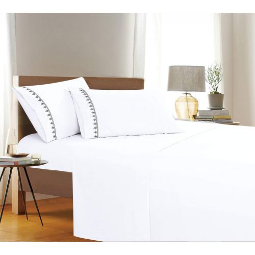  Elegant Comfort Evil-Eye Embroidered Collection 4-Piece Bed Sheet & Pillowcase Set, Soft Double Brushed Microfiber 100% Hypoallergenic, Wrinkle and Fade Resistant Full White