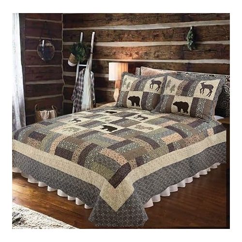  Mountain Highlands Bear Deer Lodge Cabin, All Cotton 3 Piece King Quilt Set