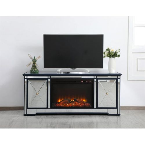  Elegant Decor Modern 60 in. Mirrored tv Stand with Wood Fireplace in Blue