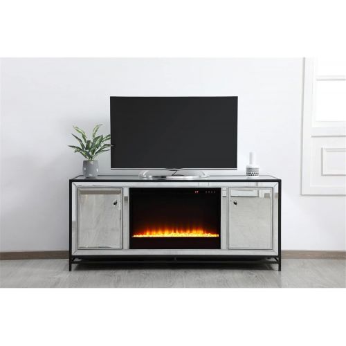  Elegant Decor James 60 in. Mirrored tv Stand with Crystal Fireplace in Black