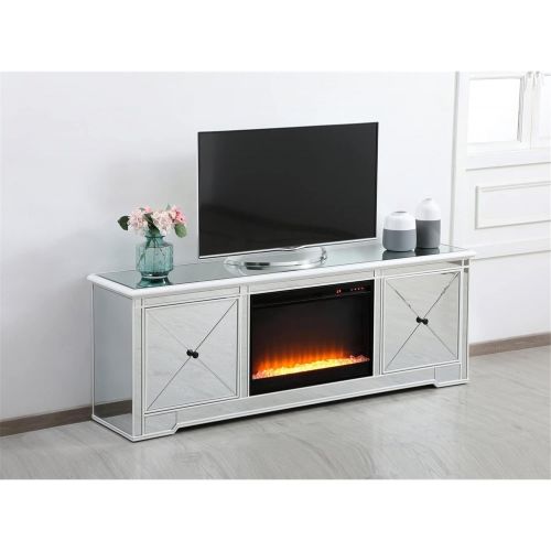  Elegant Decor Modern 72 in. Mirrored tv Stand with Crystal Fireplace in Antique White