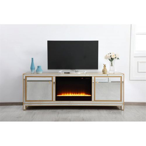  Elegant Decor Reflexion 72 in. Mirrored tv Stand with Crystal Fireplace in Gold