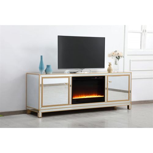  Elegant Decor Reflexion 72 in. Mirrored tv Stand with Crystal Fireplace in Gold