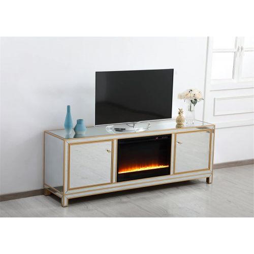  Elegant Decor Reflexion 72 in. Mirrored tv Stand with Crystal Fireplace in Gold