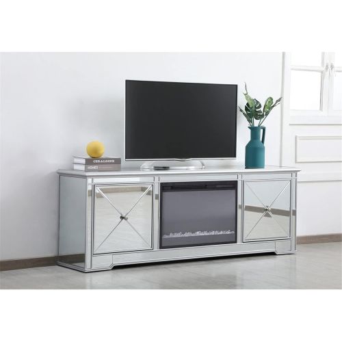  Elegant Decor Modern 72 in. Mirrored tv Stand with Crystal Fireplace in Antique Silver