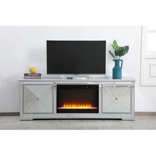 Elegant Decor Modern 72 in. Mirrored tv Stand with Crystal Fireplace in Antique Silver