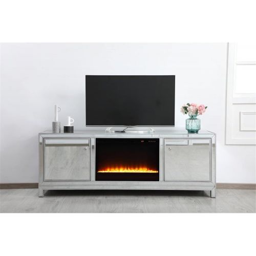  Elegant Decor Reflexion 72 in. Mirrored tv Stand with Crystal Fireplace in Antique Silver