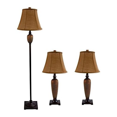  Elegant Designs LC1000-HBZ Three Pack Lamp Set (2 Table Lamps, 1 Floor Lamp), 7 x 12 x 27, Hammered Bronze