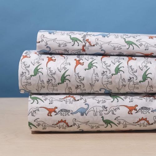  Elegant Home White Orange Green Dinosaurs Jurassic Park Design 4 Piece Printed Sheet Set with Pillowcases Flat Fitted Sheet for Boys/Kids/Teens # Dinosaur (Queen Size)