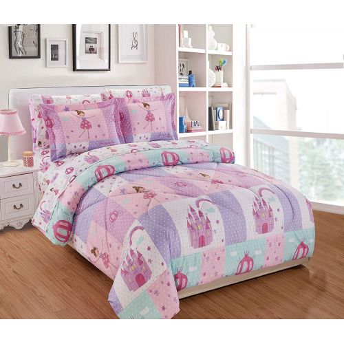  Elegant Home Multicolor Pink Lavender Lilac Blue Princess Fairy Tales Palace Castle Design 5 Piece Comforter Bedding Set for Girls/Kids Bed in a Bag with Sheet Set # Fairy Tales (T