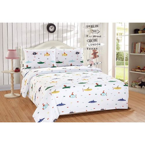  Elegant Home Multicolor Marine Life Sharks Fish Submarines Design 5 Piece Comforter Bedding Set for Boys/Kids Bed in a Bag with Sheet Set # Submarine (Twin Size)