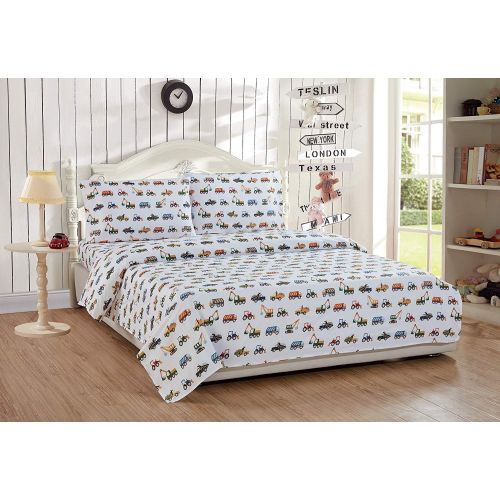  Elegant Home Multicolor Construction Site Equipment Trucks Tractors Design 5 Piece Comforter Bedding Set for Boys/Kids Bed in a Bag with Sheet Set # Construction Trucks (Twin Size)