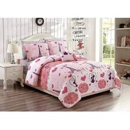 [아마존베스트]Elegant Home Decor Elegant Home Paris Eiffel Tower Bonjour Design Pink White Printed Reversible Cozy Colorful 4 Piece Quilt Bedspread Set with Pillowcases and Decorative Pillow for Kids/Girls (Full/Q