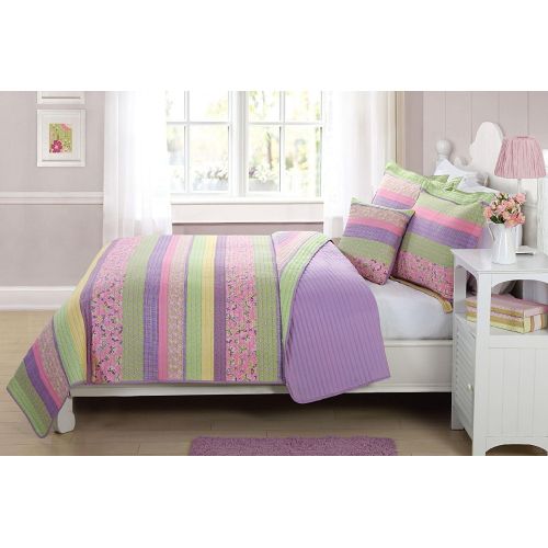  [아마존베스트]Elegant Home Decor Elegant Home Multicolor Purple Yellow Green Pink Fun Striped with Butterflies Printed Reversible Cozy Colorful 3 Piece Twin Size Quilt Bedspread Set with Decorative Pillow for Kids