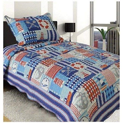  Elegant Home Decor Elegant Home Multicolor Patchwork Blue White Red Nautical Coastal Ships Lighthouse Sailor Anchor Nature Themed Style 2 Piece Coverlet Bedspread Quilt for Kids Teens Boys Twin Size