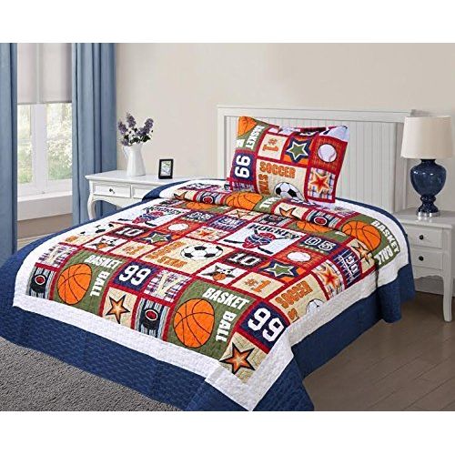  Elegant Home Decor Elegant Home Kids Multicolor Orange Red Blue Green Beige Sports Soccer Hockey Basketball Baseball Design Fun Colorful 2 Piece Coverlet Bedspread Quilt for Kids / Boys Twin Size # 5