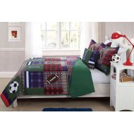 Elegant Home Decor Elegant Home Patchwork Sports Soccer Football Design Multicolor Dark Blue Green Red Fun Colorful 4 Piece Quilt Bedspread Bedding Set with Decorative Pillow for Kids/Boys (Full Size