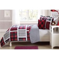 Elegant Home Decor Elegant Home Multicolor Red Black White Grey Printed Plaid Patchwork Design Colorful 3 Piece Quilt Bedspread Bedding Set with Decorative Pillow for Kids/Boys # Plaid (Twin Size)