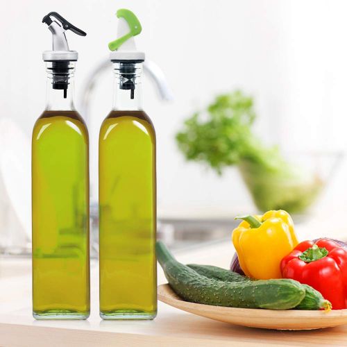  2 Pack 16.5oz Glass Olive Oil Bottle Set,with Stainless Steel Rack and 2 Condiment bottles Set, Elegant Life Vinegar Cruet Bottle Set (2 Kinds of Oil Dispensing Pour Spouts for Eas