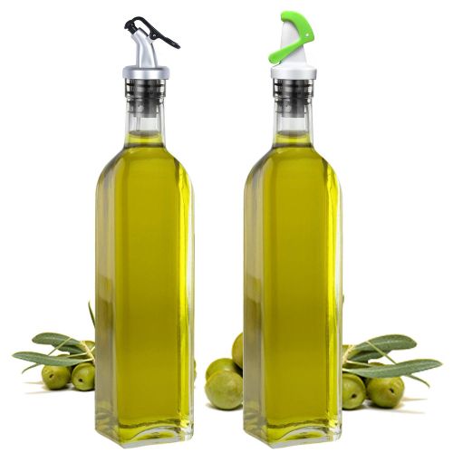  2 Pack 16.5oz Glass Olive Oil Bottle Set,with Stainless Steel Rack and 2 Condiment bottles Set, Elegant Life Vinegar Cruet Bottle Set (2 Kinds of Oil Dispensing Pour Spouts for Eas