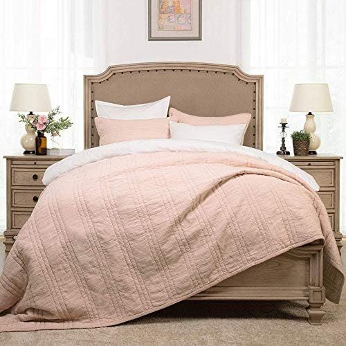  [아마존 핫딜] [아마존핫딜]Elegant Life Zen Collection 2 Layers Cotton Crinkle Gauze Stripe Embroidery Bedding Quilt, Full/Queen Size 88’’ x 92’’, Pink