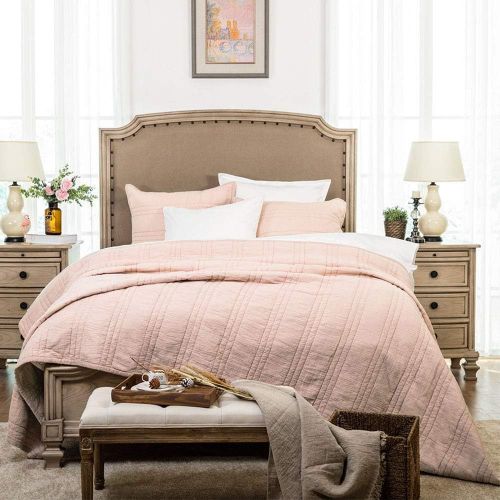  [아마존 핫딜] [아마존핫딜]Elegant Life Zen Collection 2 Layers Cotton Crinkle Gauze Stripe Embroidery Bedding Quilt, Full/Queen Size 88’’ x 92’’, Pink