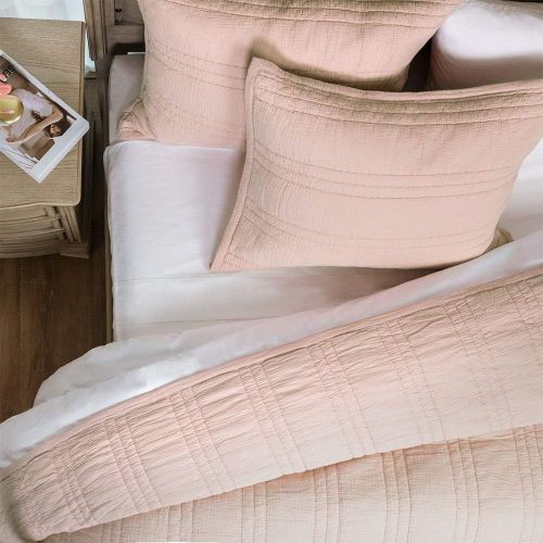  [아마존 핫딜] [아마존핫딜]Elegant Life Zen Collection 2 Layers Cotton Crinkle Gauze Stripe Embroidery Bedding Quilt, Full/Queen Size 88’’ x 92’’, Pink