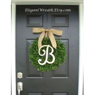 /ElegantWreath Faux Boxwood Wreath, Monogram Spring Wreath, Outdoor Door Hanging, Fall Wreaths, Spring Decor, Boxwood with Burlap Bow