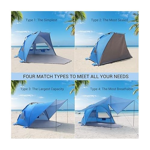  Elegear Beach Tent with 360° Removable Canopy, 4-6 Person Pop Up Sun Shade Shelter, UPF 50+ Automated Installation Double Silver Coating Portable Lightweight Beach Cabana for Beach/Camping/Outdoor