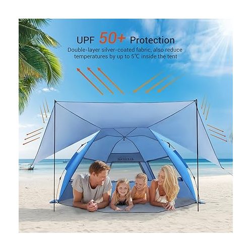  Elegear Beach Tent with 360° Removable Canopy, 4-6 Person Pop Up Sun Shade Shelter, UPF 50+ Automated Installation Double Silver Coating Portable Lightweight Beach Cabana for Beach/Camping/Outdoor