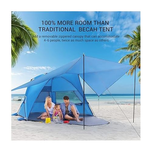  Elegear Beach Tent with 360° Removable Canopy, 4-6 Person Pop Up Sun Shade Shelter, UPF 50+ Automated Installation Double Silver Coating Portable Lightweight Beach Cabana for Beach/Camping/Outdoor