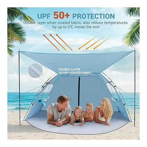  Elegear Beach Tent Sun Shelter with Canopy, 4-5 Person Pop Up Beach Tent, Easy Setup UPF 50+ UV Protection Portable Lightweight Double Silver Coating Beach Cabana Sun Shade Shelter - Sky Blue