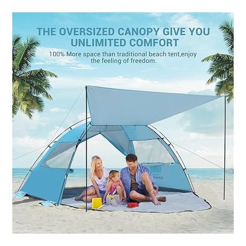  Elegear Beach Tent Sun Shelter with Canopy, 4-5 Person Pop Up Beach Tent, Easy Setup UPF 50+ UV Protection Portable Lightweight Double Silver Coating Beach Cabana Sun Shade Shelter - Sky Blue